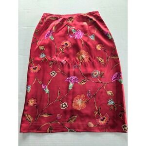 Harold Powell Silk Midi Skirt Womens 8 Red Floral Print Vintage Lined Satin